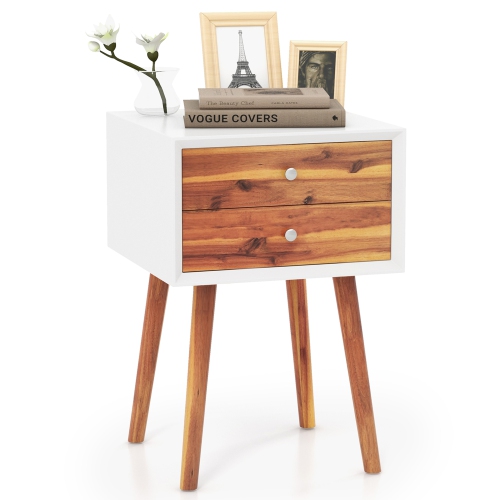 Gymax Wooden Nightstand Mid-Century End Side Table Bedroom W/2 Storage Drawers Brown