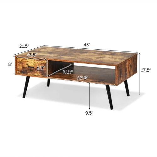 Gymax Retro Coffee Table Mid Century Modern Living Room Furniture w/Open Storage Shelf
