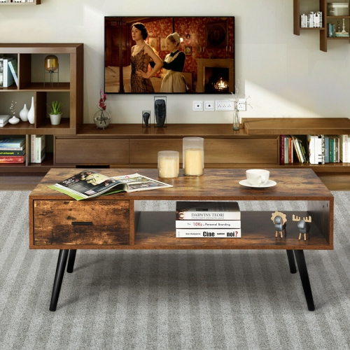 Gymax Retro Coffee Table Mid Century Modern Living Room Furniture w/Open Storage Shelf