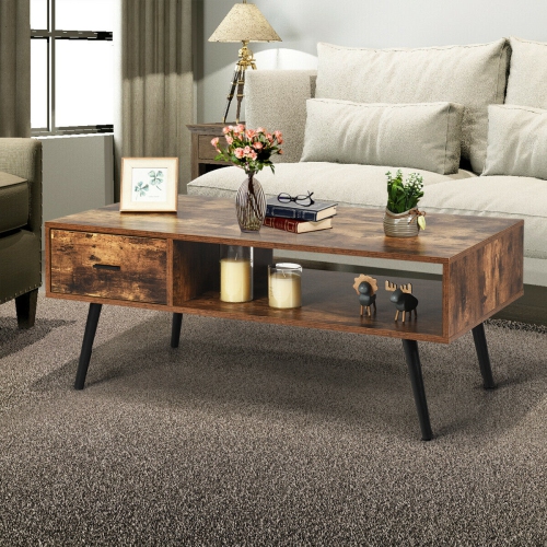 Gymax Retro Coffee Table Mid Century Modern Living Room Furniture w/Open Storage Shelf