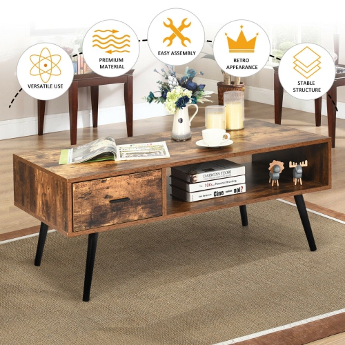 Gymax Retro Coffee Table Mid Century Modern Living Room Furniture w/Open Storage Shelf