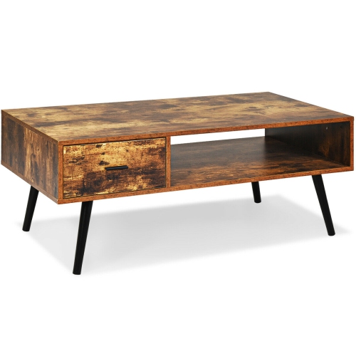 Gymax Retro Coffee Table Mid Century Modern Living Room Furniture w/Open Storage Shelf