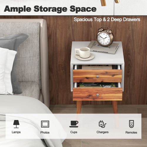 Gymax 2PCS Wooden Nightstand Mid-Century End Side Table W/2 Storage Drawers Brown