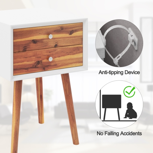 Gymax 2PCS Wooden Nightstand Mid-Century End Side Table W/2 Storage Drawers Brown