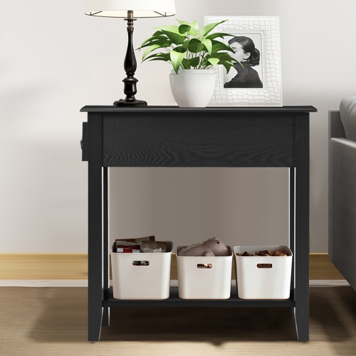 Gymax 2 Tier End Bedside Sofa Side Table Narrow Nightstand w/Drawer &Shelf Black