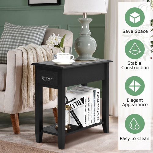 Gymax 2 Tier End Bedside Sofa Side Table Narrow Nightstand w/Drawer &Shelf Black