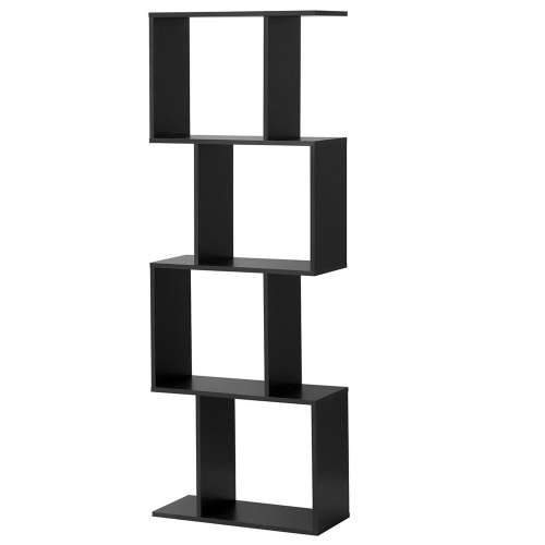 GYMAX  4-Tier S-Shaped Bookcase Free Standing Storage Rack Wooden Display Decor In Black