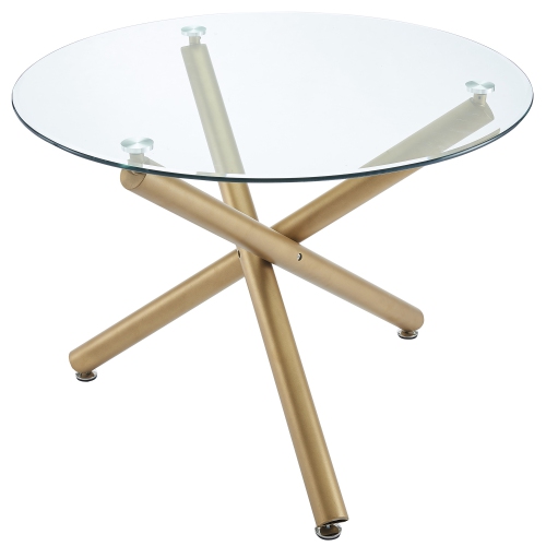 Viva Lifestyle Furniture Round Dining Table W Contemporary Design | 10mm Clear, Tempered Glass Top W Golden Metal legs | Crossover Design Provides