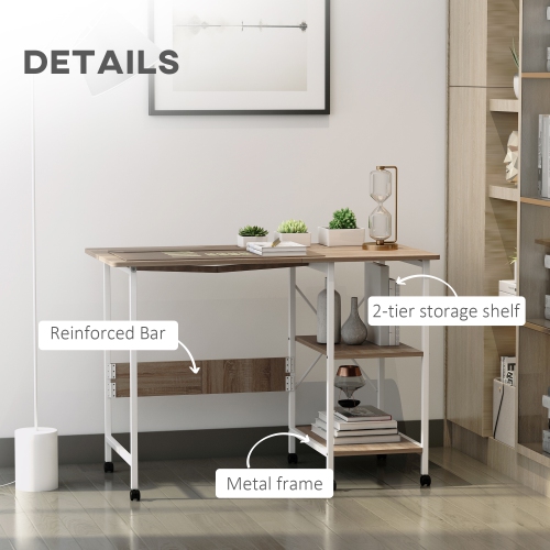 HOMCOM Folding Computer Desk with Storage Shelves, 42" Study Writing Table Laptop Desk with 6 Wheels for Bedroom Home Office Workstation, Natural