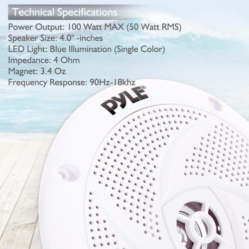 Pyle Pair of Low-Profile Vehicle Speakers, Waterproof - White