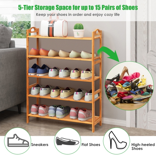 Gymax 5-Tier Bamboo Shoe Rack FreeStanding Shoe Shelf Entryway Shoe Storage Organizer