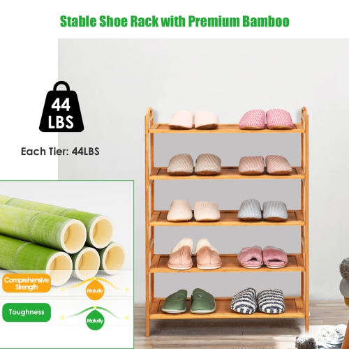 Gymax 5-Tier Bamboo Shoe Rack FreeStanding Shoe Shelf Entryway Shoe Storage Organizer