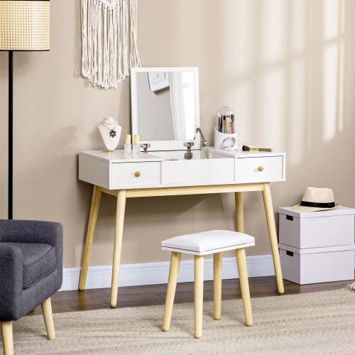 HOMCOM Makeup Vanity Desk with Flip Top Mirror and Cushioned Stool, Dressing Table Writing Desk with 2 Drawers and Storage Grids for Bedroom
