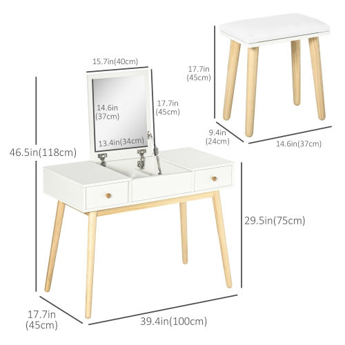 HOMCOM Makeup Vanity Desk with Flip Top Mirror and Cushioned Stool, Dressing Table Writing Desk with 2 Drawers and Storage Grids for Bedroom