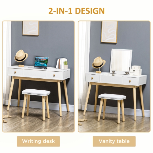 HOMCOM Makeup Vanity Desk with Flip Top Mirror and Cushioned Stool, Dressing Table Writing Desk with 2 Drawers and Storage Grids for Bedroom