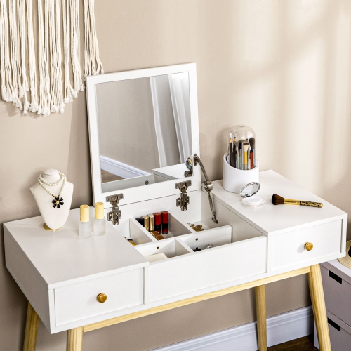 HOMCOM Makeup Vanity Desk with Flip Top Mirror and Cushioned Stool, Dressing Table Writing Desk with 2 Drawers and Storage Grids for Bedroom