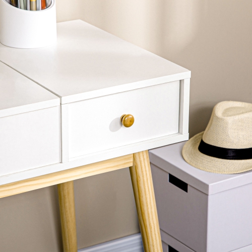 HOMCOM Makeup Vanity Desk with Flip Top Mirror and Cushioned Stool, Dressing Table Writing Desk with 2 Drawers and Storage Grids for Bedroom