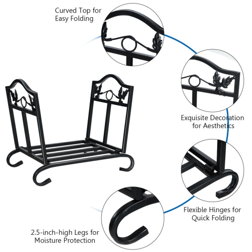 Gymax Foldable Firewood Log Rack Steel Wood Storage Holder for Fireplace Black