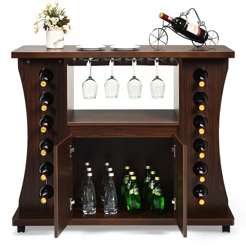 Gymax Rolling Buffet Sideboard Wooden Bar Storage Cabinet w/ Wine Rack & Glass Holder