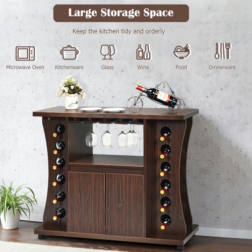 Gymax Rolling Buffet Sideboard Wooden Bar Storage Cabinet w/ Wine Rack & Glass Holder
