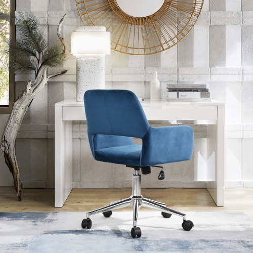 Chaise de bureau pivotante moderne et élégante CASA de HOMY avec base et accoudoirs chromés, bleu foncé