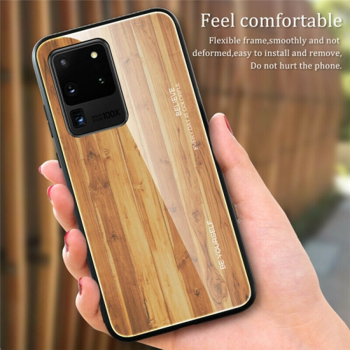 Tempered Glass Case Wood Grain Anti-Scratch Soft TPU Bumper Shockproof Cover for SAMSUNG Galaxy S20 PLUS