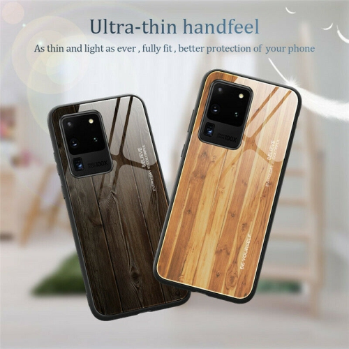 Tempered Glass Case Wood Grain Anti-Scratch Soft TPU Bumper Shockproof Cover for SAMSUNG Galaxy S20 PLUS