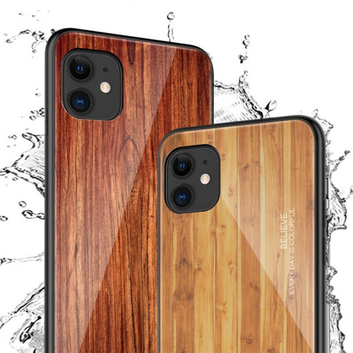 Tempered Glass Case Wood Grain Anti-Scratch Soft TPU Bumper Shockproof Cover for iPhone 11