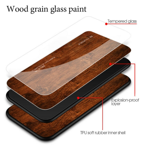 Tempered Glass Case Wood Grain Anti-Scratch Soft TPU Bumper Shockproof Cover for iPhone 11