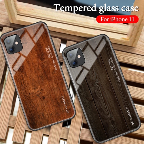 Tempered Glass Case Wood Grain Anti-Scratch Soft TPU Bumper Shockproof Cover for iPhone 11
