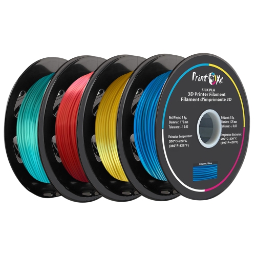 3D PLA like SILK Filament 4 Packs of Green Red Yellow Blue Colours 1.75 mm Diameter Each Weight 1 Kg Net PRINTOXE® Brand