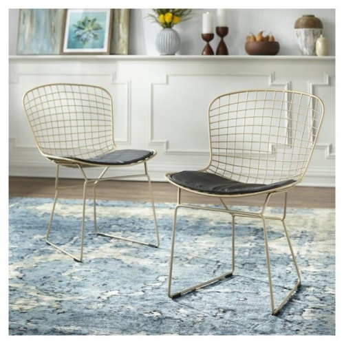 Nicer Furniture ® Set of 4 - Harry Bertoia Chromed Steel Wire Frame Side Chairs with Leatherette PU pad in Black