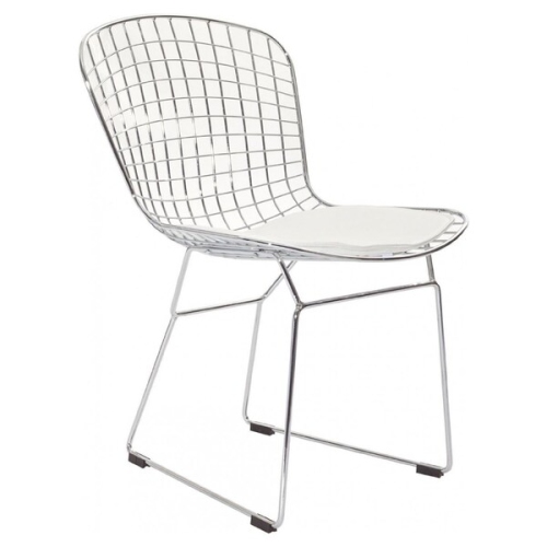 Nicer Furniture ® Set of 1 - Harry Bertoia Chromed Steel Wire Frame Side Chairs with Leatherette PU pad in White