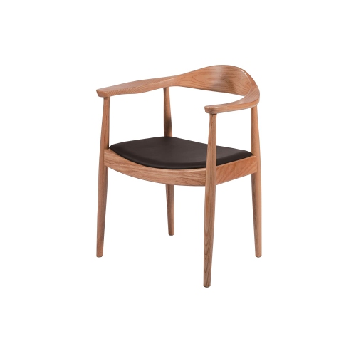 Hans Wegner Presidential Round Dining Arm Chair-Wood Frame with Black PU Seat Cushion Natural Finish-1