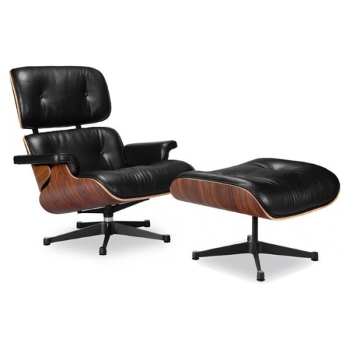 Nicer Furniture® Large Eames Lounge Chair and Ottoman Black Italian Full Grain Leather with Rosewood/Palisander Wood Finish