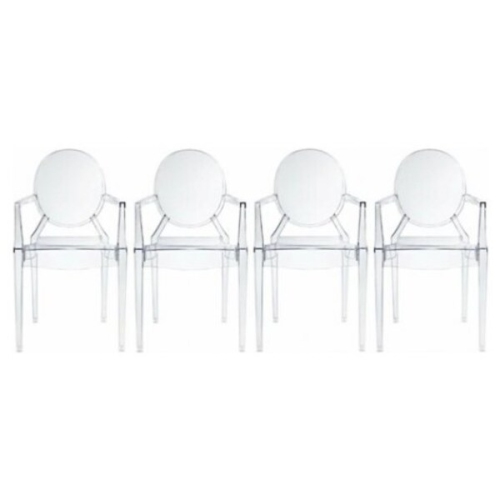Nicer Furniture® Set of 4 Philippe Starck Louis XVI Ghost Chair with Arms Polycarbonate Plastic in Clear Transparent Crystal