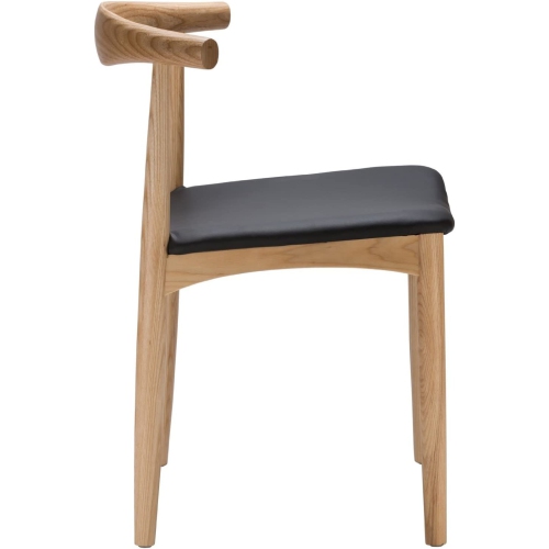 Hans Wegner Style Elbow Dining Chair, Black Faux Leather Natural Wood Frame, Set of 2