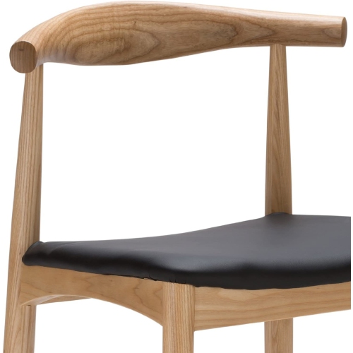 Hans Wegner Style Elbow Dining Chair, Black Faux Leather Natural Wood Frame, Set of 2