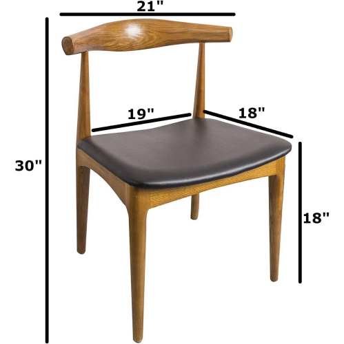 Hans Wegner Style Elbow Dining Chair, Black Faux Leather Natural Wood Frame, Set of 2