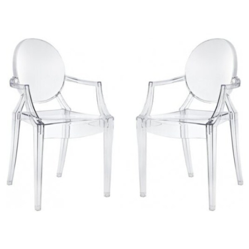 Nicer Furniture® Set of 2 Philippe Starck Louis XVI Ghost Chair with Arms Polycarbonate Plastic in Clear Transparent Crystal