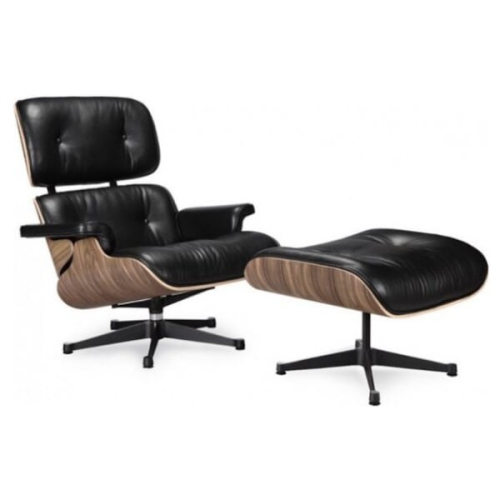 Eames Lounge Chair and Ottoman Black 100% Italian Genuine Full Grain Leather with Walnut Wood Finish