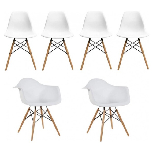 Nicer Furniture® Set of 6 - Eames Style Dining Chairs Natural Wood Legs Combination of Arm & Side Chairs in White