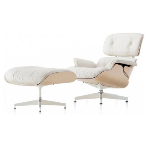 Eames Lounge Chair and Ottoman White 100% Italian Genuine Full Grain Leather with Rosewood Wood Finish