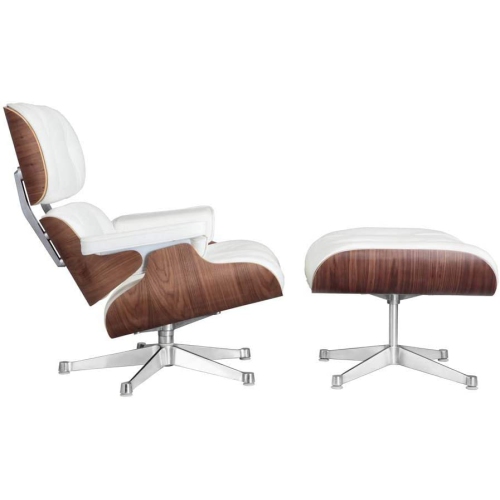 Nicer Furniture® Mid-century Modern Lounge Chair and Ottoman, 100% Italian Genuine Full Grain, White Leather with Rosewood Wood Finish