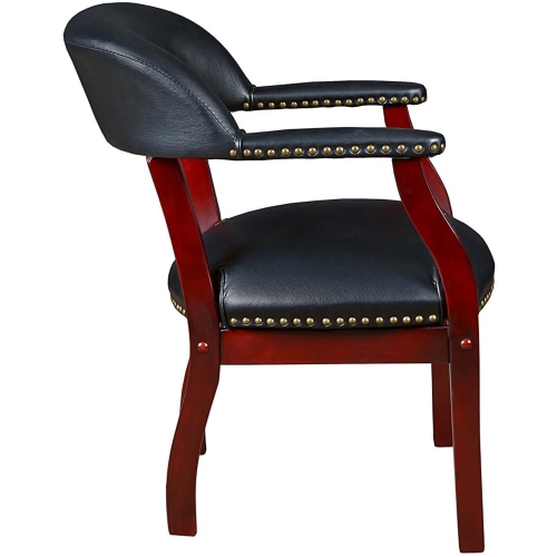 Traditional Captain's Chair In Black Vinyl Leather Luxurious Conference Guest Chair Letherette Side Chair Wooden Frame
