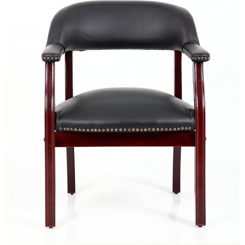 Traditional Captain's Chair In Black Vinyl Leather Luxurious Conference Guest Chair Letherette Side Chair Wooden Frame