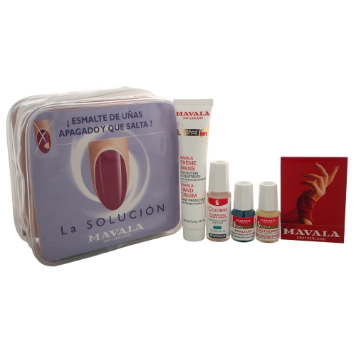 Mavala Revive Dull Chipping Polish Kit by Mavala for Unisex - 5 Pc Kit 1oz Mavala Hand Cream, 0.17oz Cuticle Remover, 0.17oz Base Protectora Mavala 002, Colorfix Strong, Flexible Top Coat, 6 Mini Eme