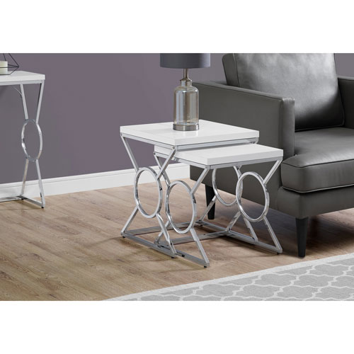 Ensemble de 2 tables gigognes modernes avec cercle sur pattes en X de Monarch - Blanc/Chrome