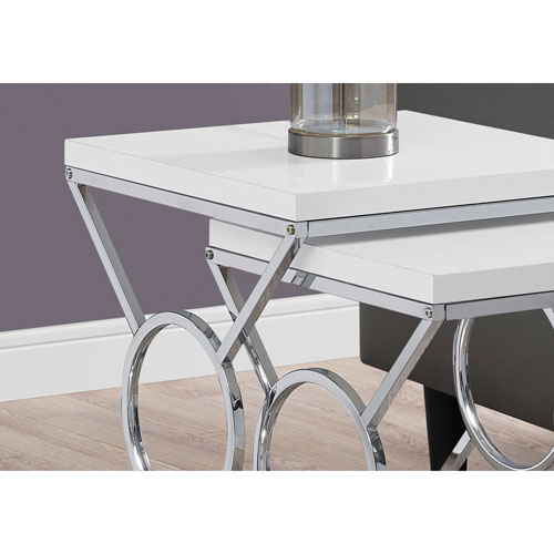 Ensemble de 2 tables gigognes modernes avec cercle sur pattes en X de Monarch - Blanc/Chrome