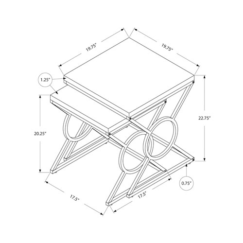 Ensemble de 2 tables gigognes modernes avec cercle sur pattes en X de Monarch - Blanc/Chrome